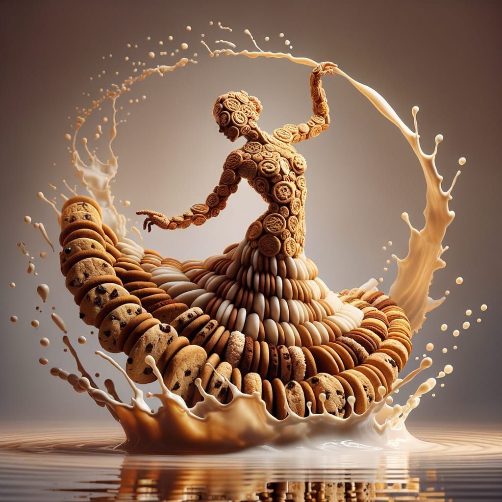 Whimsical Cookie Dancer Twirls in Milk Lake