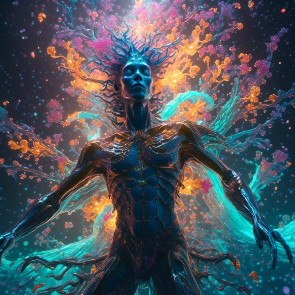 Handsome Kraken-Human Hybrid in Bioluminescent Ocean