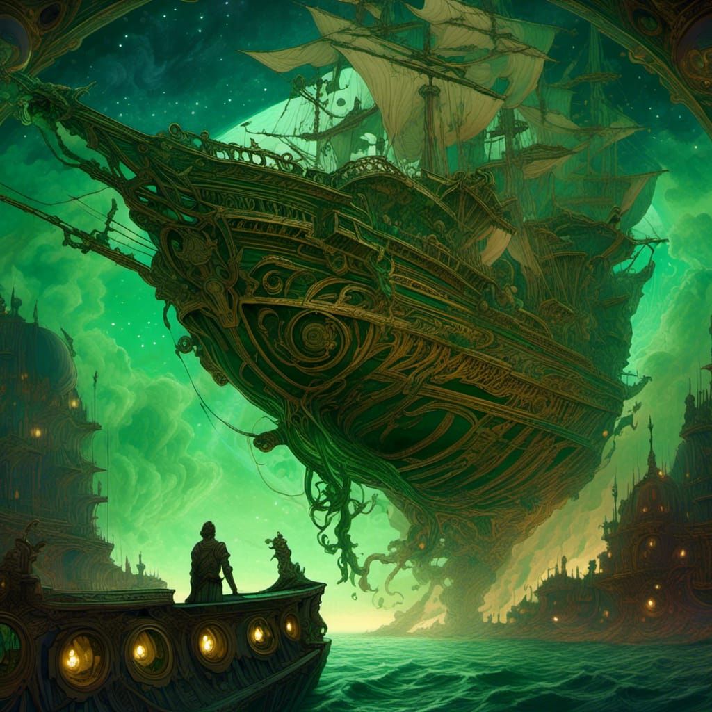 Jupiter and Pirate Ship in Baroque Sci-Fi Style