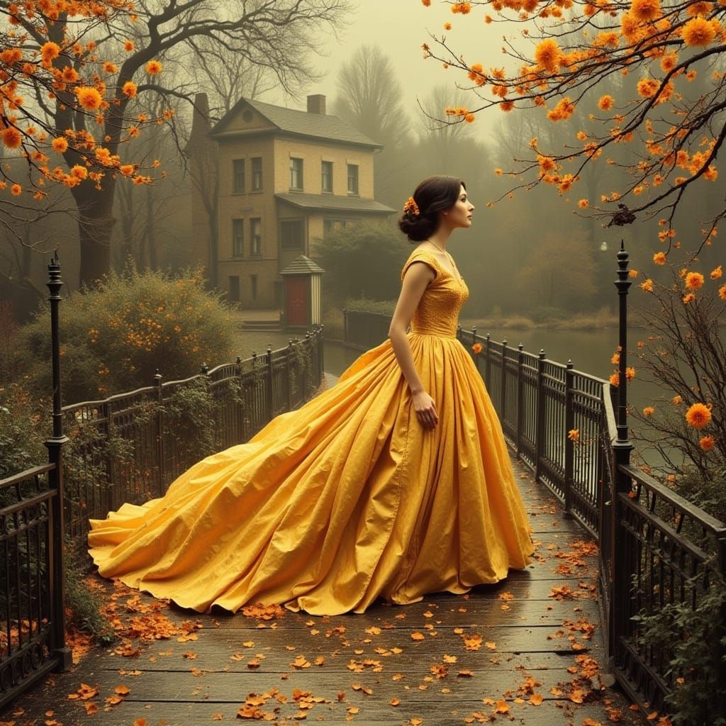 Woman in Golden Silk Gown in Rose Garden