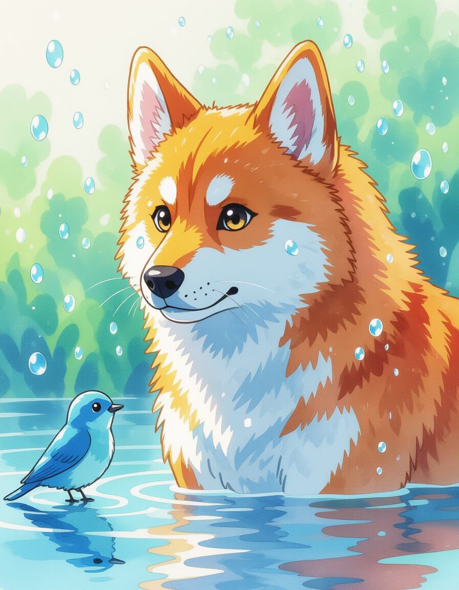 Giant Red Dog and Blue Bird in Anime Style