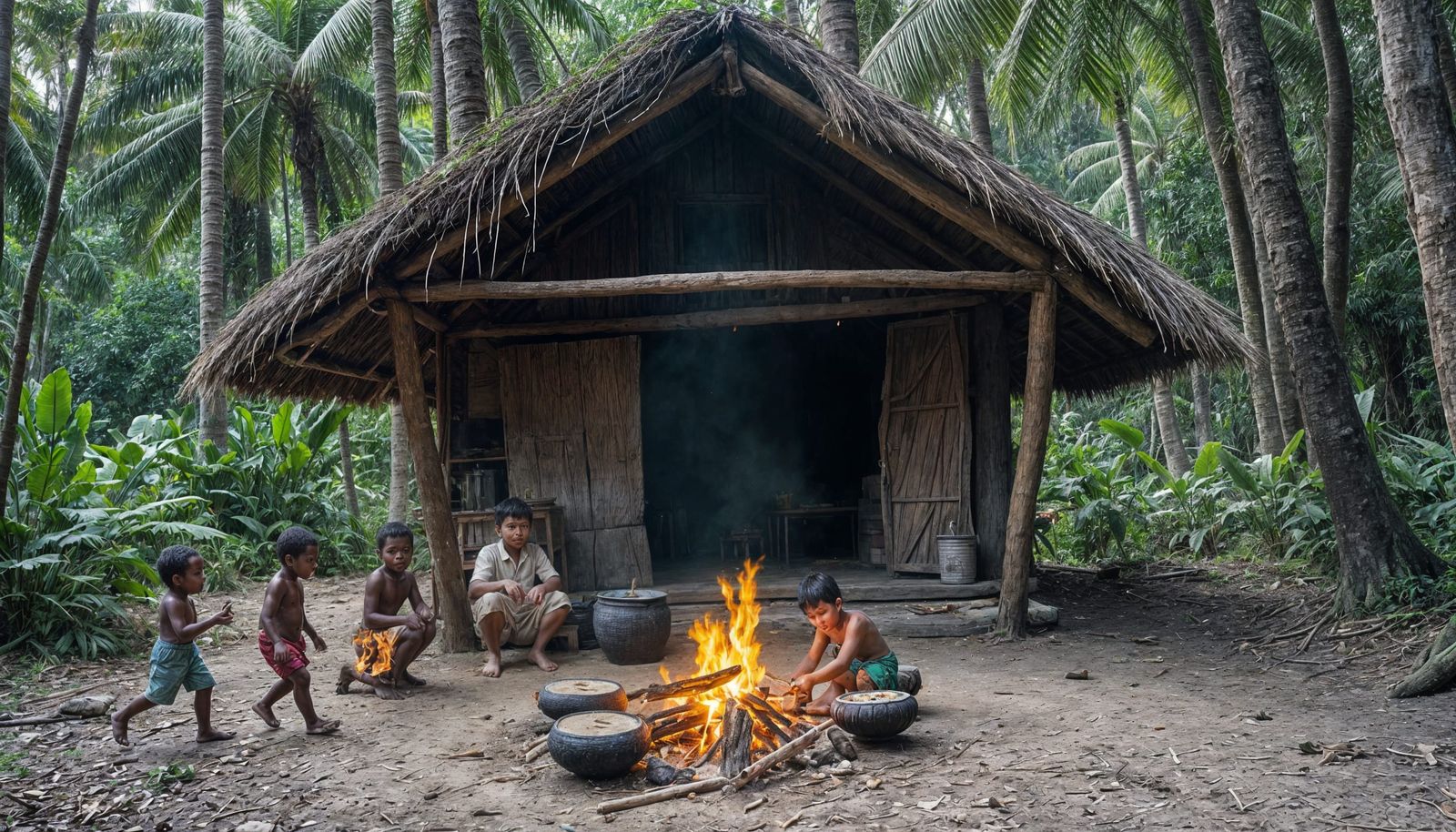 Tropical Village Scene with Children Around Fire