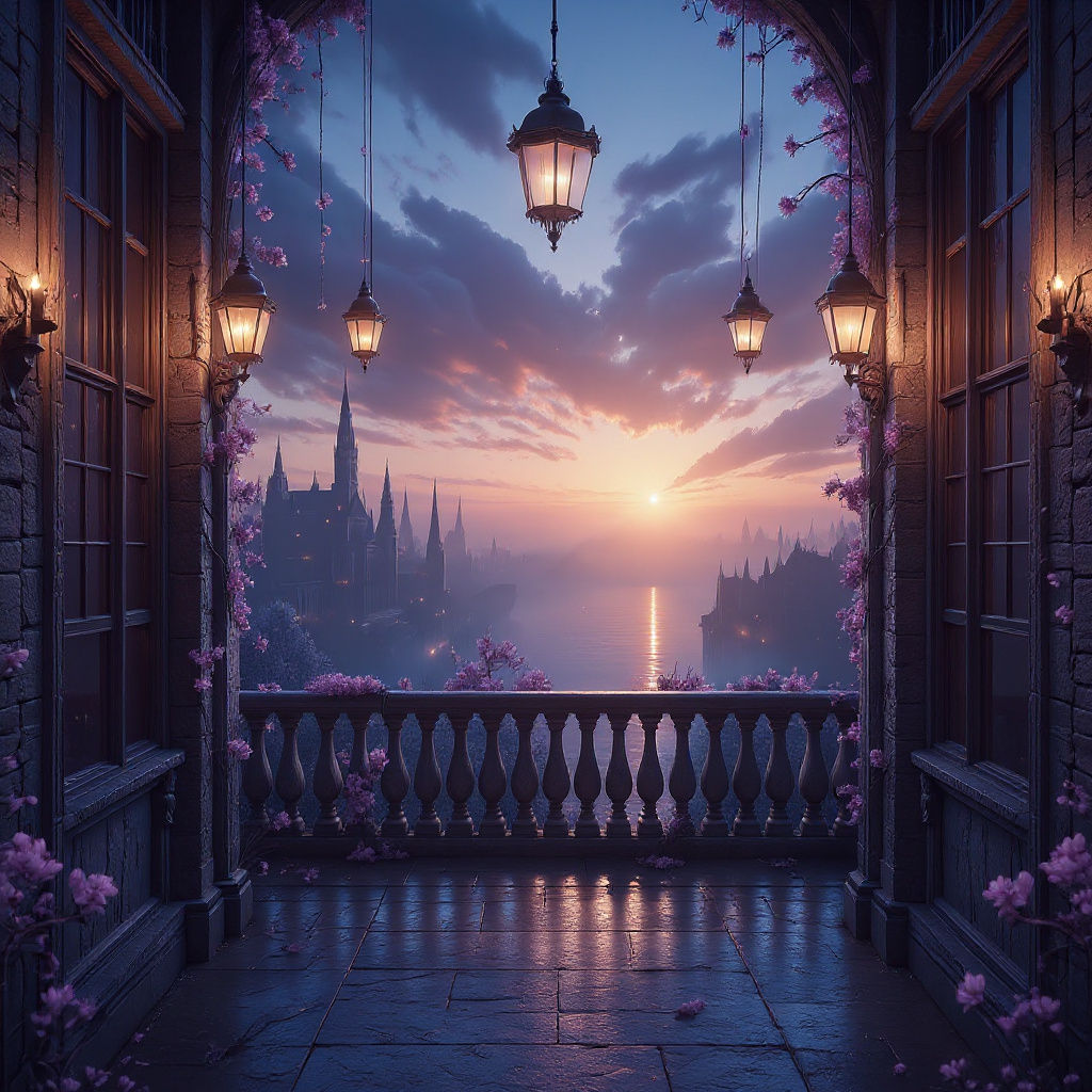 Enchanted Balcony at Twilight: A Romantic Digital Painting