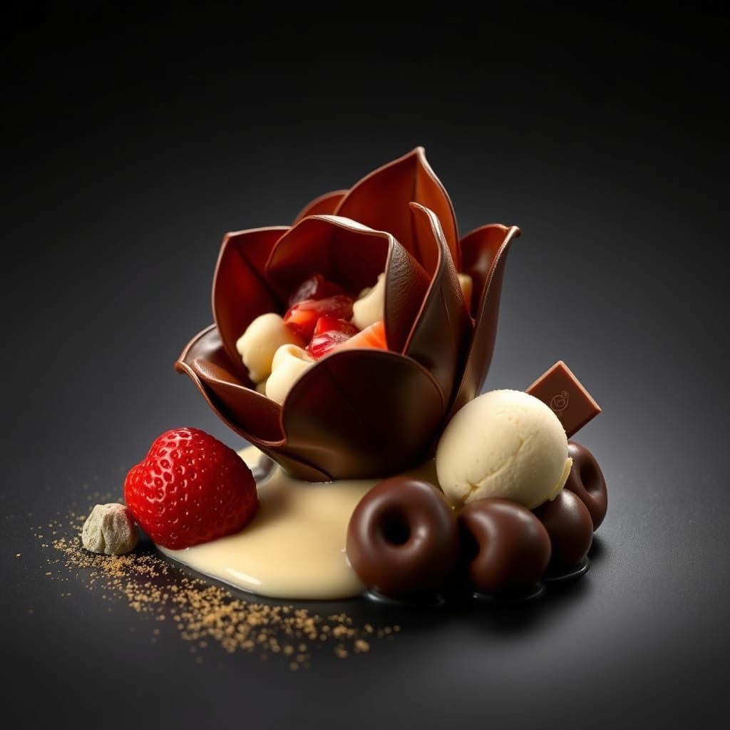 Decadent Chocolate Flower Dessert in Luxurious Still Life