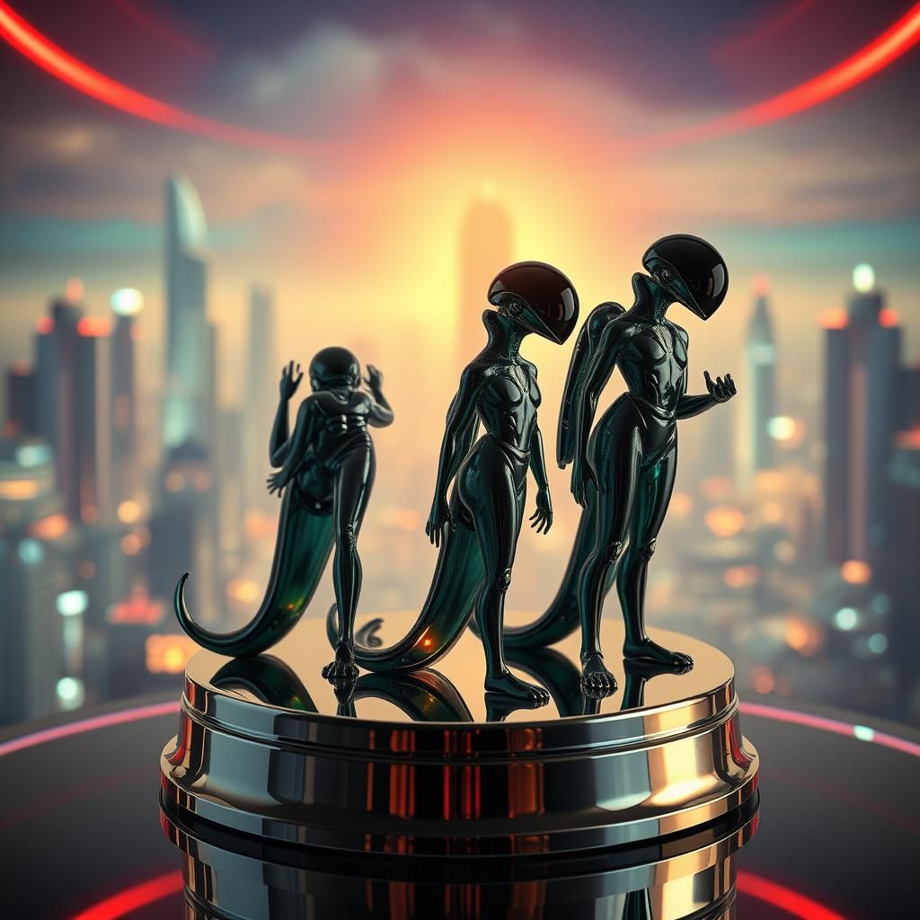Enameled Glass Figurines in Futuristic Cityscape