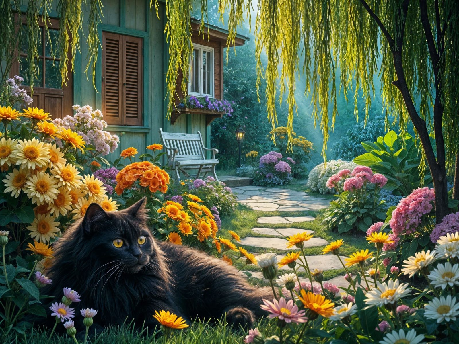 Whimsical Cottage Garden Oasis with Elegant Black Persian Ca...