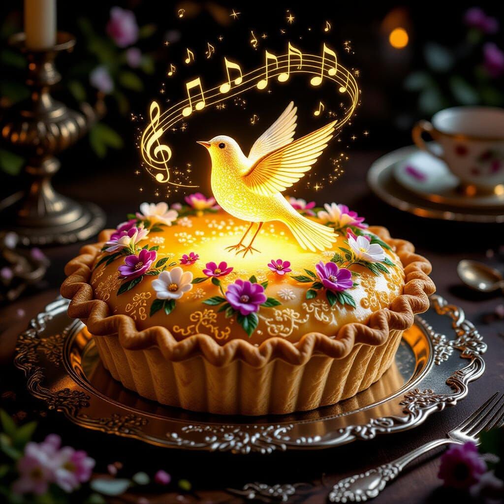 Fairytale Gilded Nightingale Pie on Antique Platter