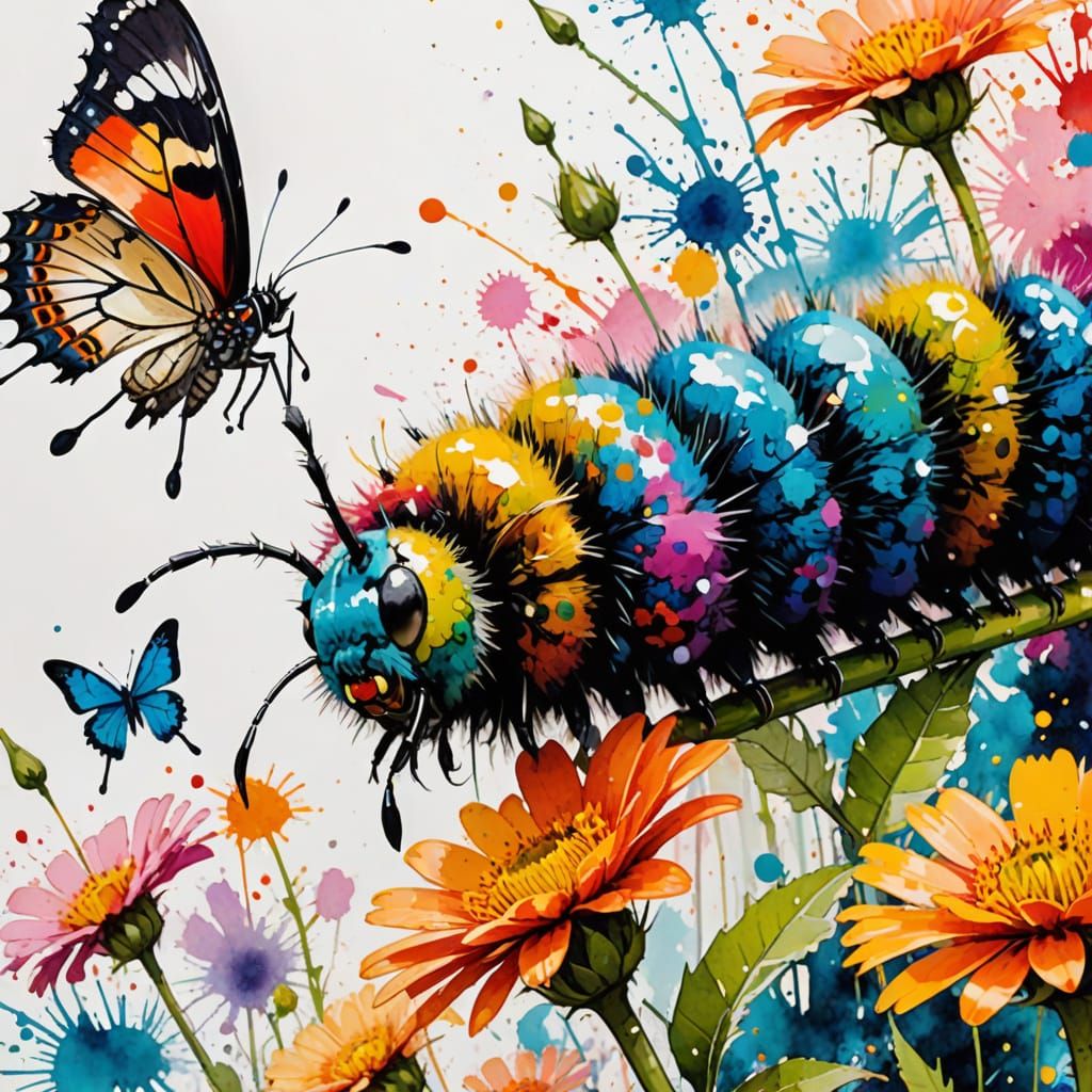 Vibrant Caterpillar and Butterfly in Expressionist Ink Splat...