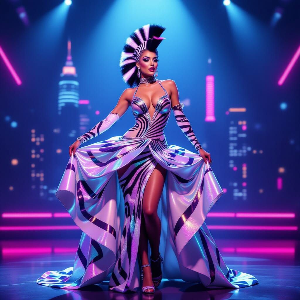 Zebra Showgirl Performs in Neon Synthwave Cityscape
