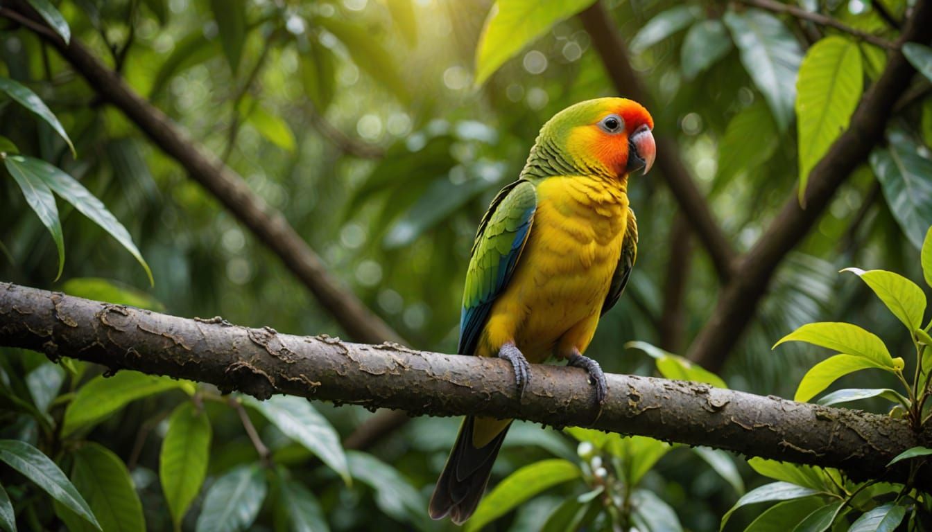 Sun Parakeet Explores Branch in Macro Photography Style