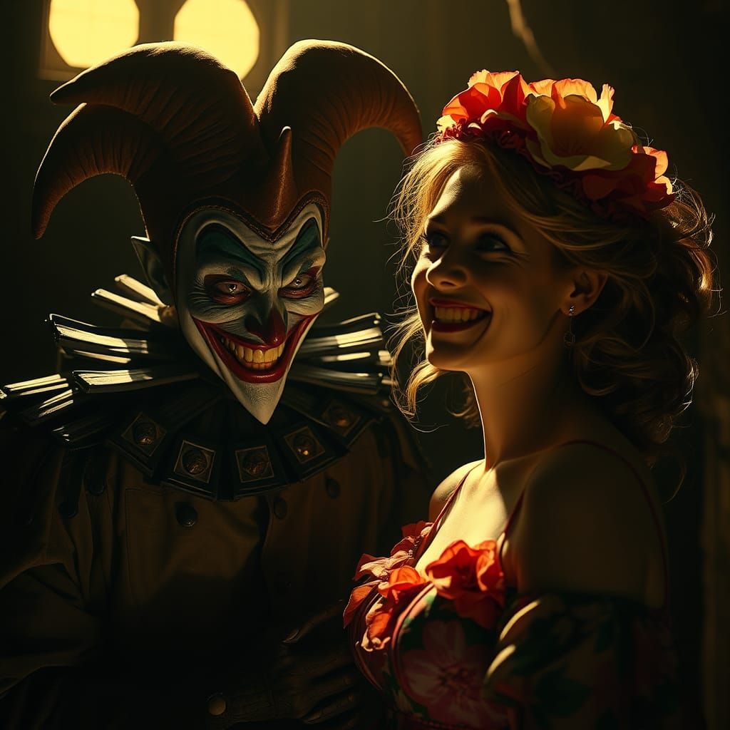 Muted Jester Lurks in Shadows, Eyes Fixed on Radiant Woman