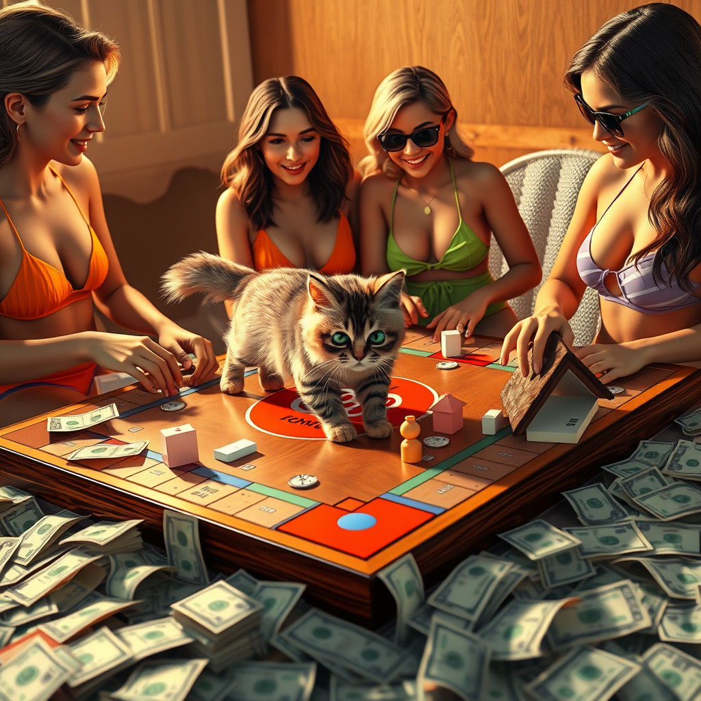Friends Play Monopoly with Cat, Americana Pop-Art