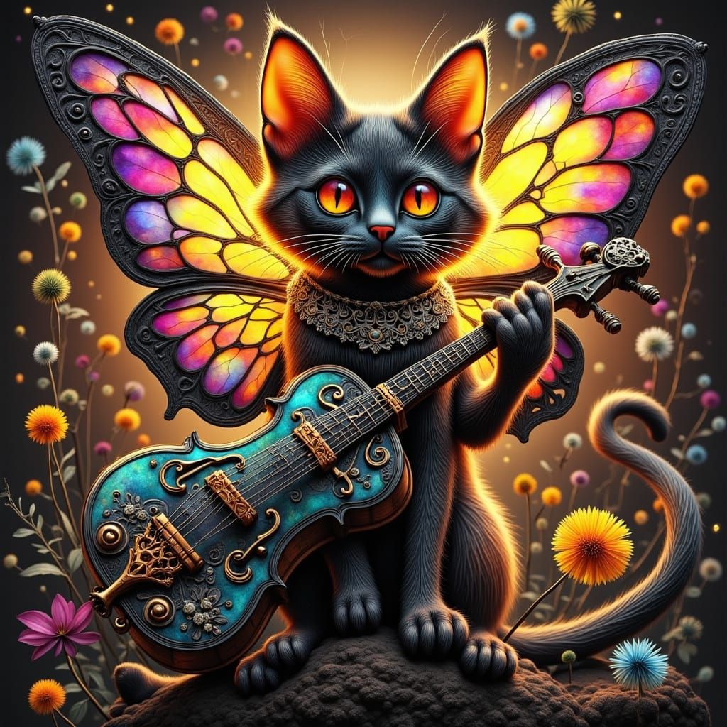 Whimsical Feline with Butterfly Wings and Violin Tail