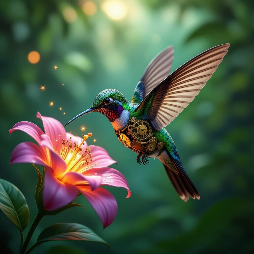 Steampunk Hummingbird in Jungle Oasis, Artgerm and Mucha Ins...