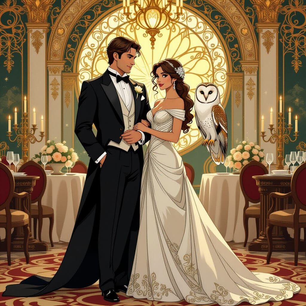 Elegant Couple Celebrate with Owl in Art Nouveau Style