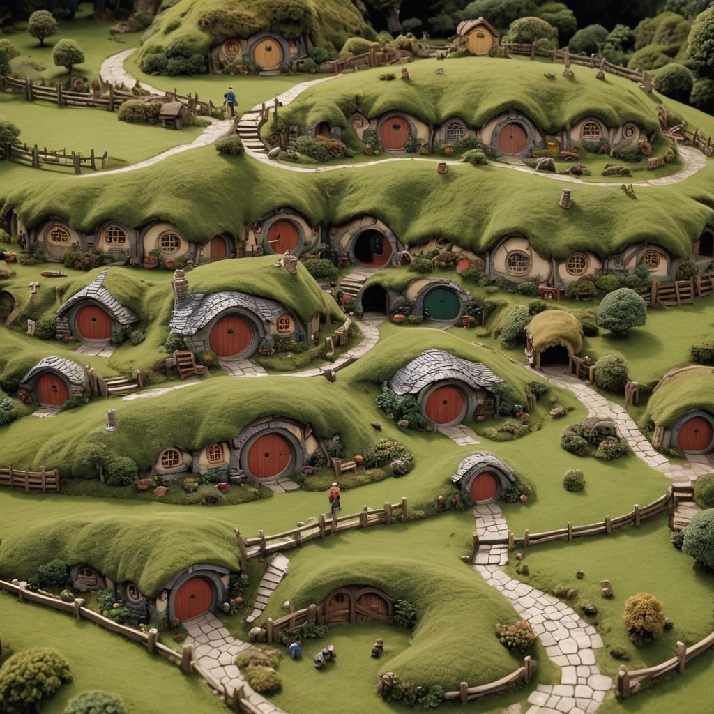 Toy Hobbits Walking in Miniature Hobbiton Maquette