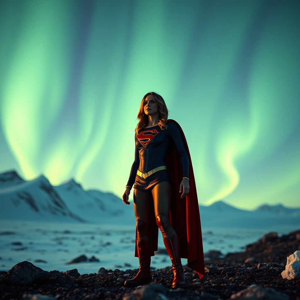 Supergirl in Arctic Aurora: Cinematic Film Still