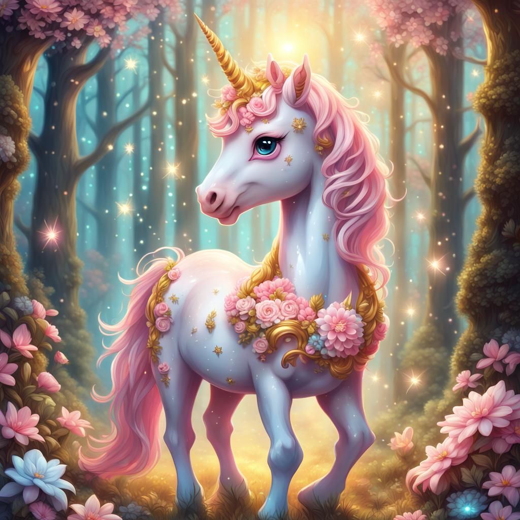 Chibi Pink Unicorn with Rococo Flowers