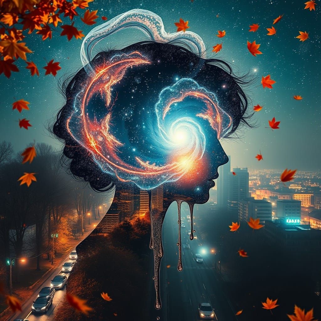 Galaxy Drips into Cityscape: Double Exposure Princess