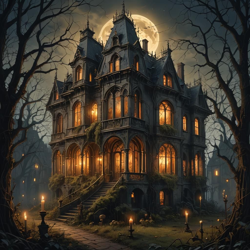 Eerie Gothic Mansion with Golden Windows in Oil Painting Sty...