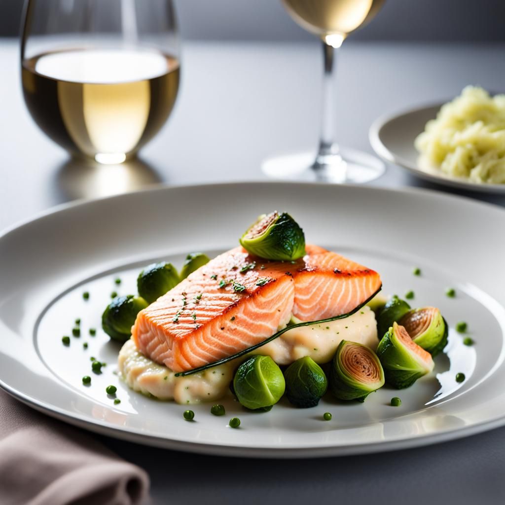 Salmon, Brussels Sprouts, and Mashed Potatoes Dish