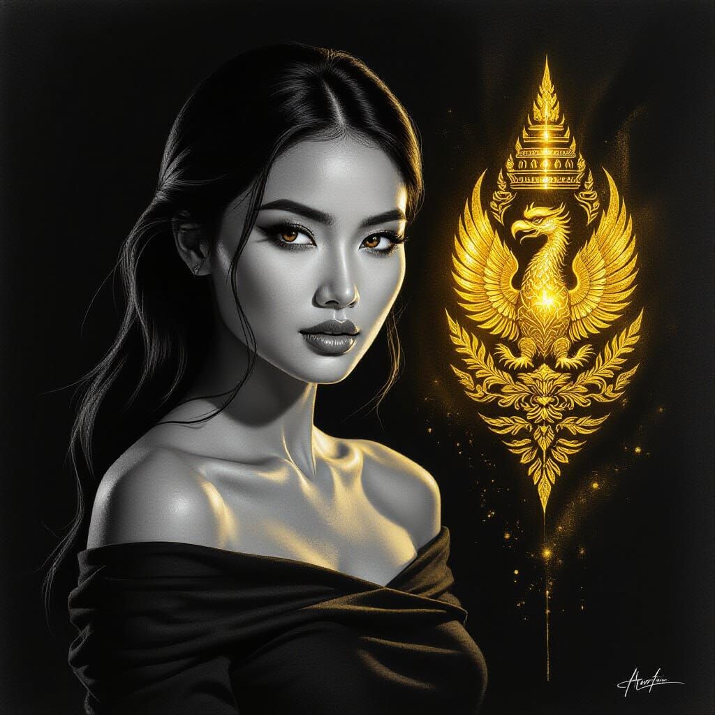 Charcoal Portrait of Beautiful Asian Woman with Golden Garud...