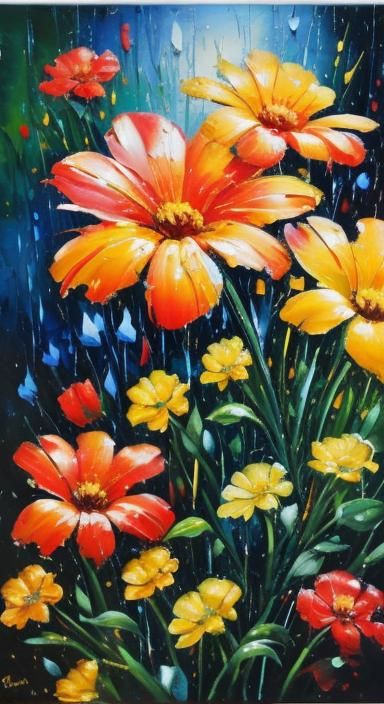 Oil Painting of beautiful scene of flowers Impasto gouache Painting, Very Heavy Brush Strokes, Heavy Wet Oil Painting,  ...