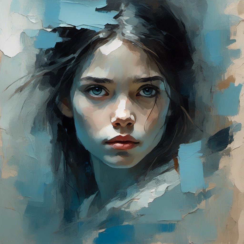 Impressionistic Portrait of a Girl with Blue Brushstrokes