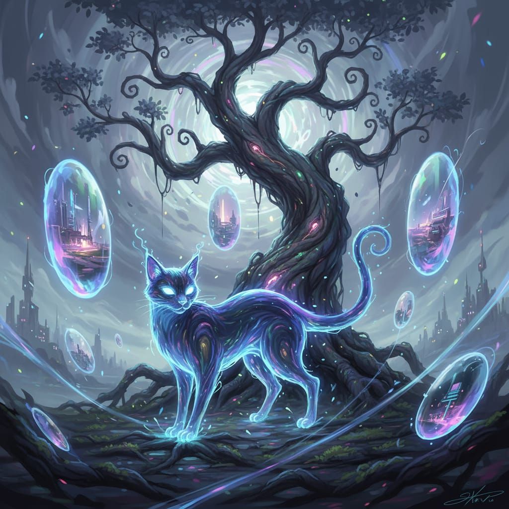 Luminous Cat Before Ancient Tree with Dream Portals