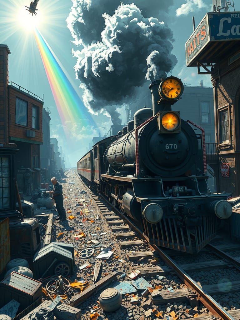 Dieselpunk Train in Junkyard City Oil Painting