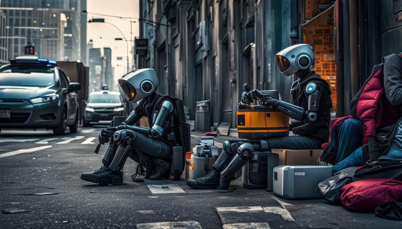 Futuristic City with Autonomous Robots and Beggar
