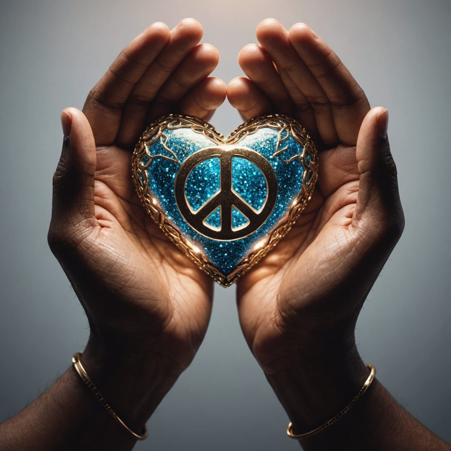 Hands Holding Shimmering Heart and Peace Symbol