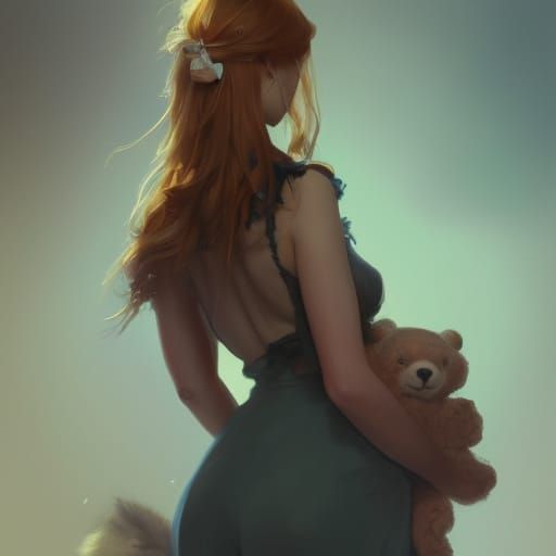 adult female, boudoir, holding a stuffed bear, full body portrait, 8k resolution concept art portrait by Greg Rutkowski,...