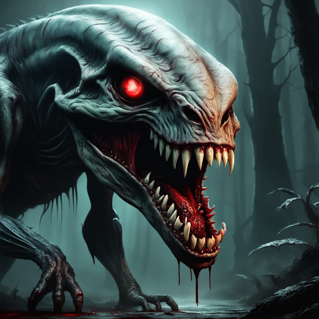 Terrifying Alien with Blood on Teeth: Horror Concept Art