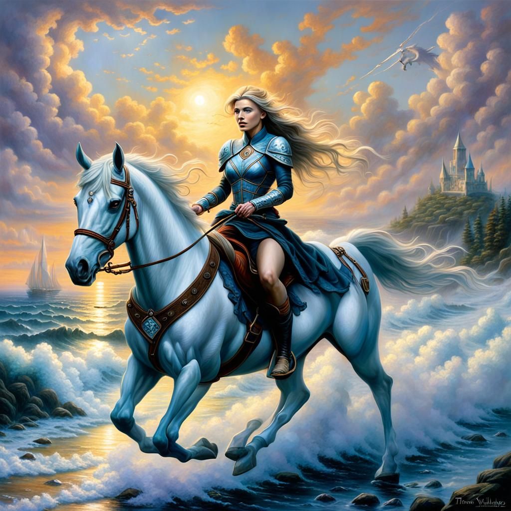 Fantasy Art of Woman Riding White Horse