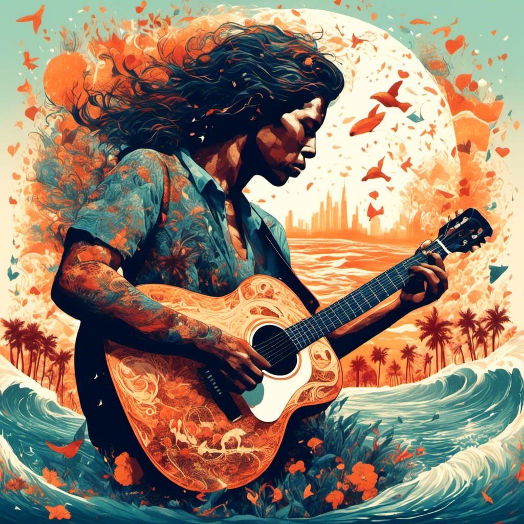 Surreal Guitar Singer Beachscape in Double Exposure