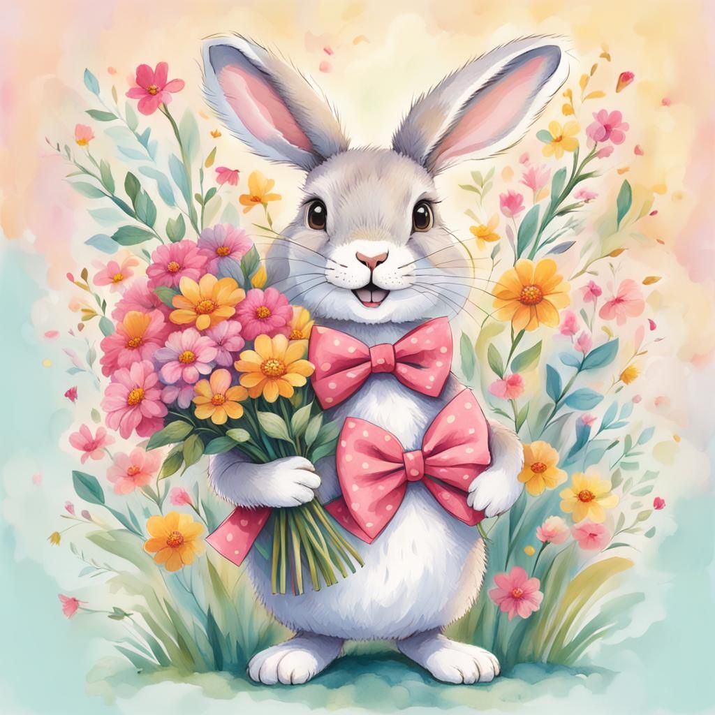 Smiling Rabbit with Flowers in Pastel Colors