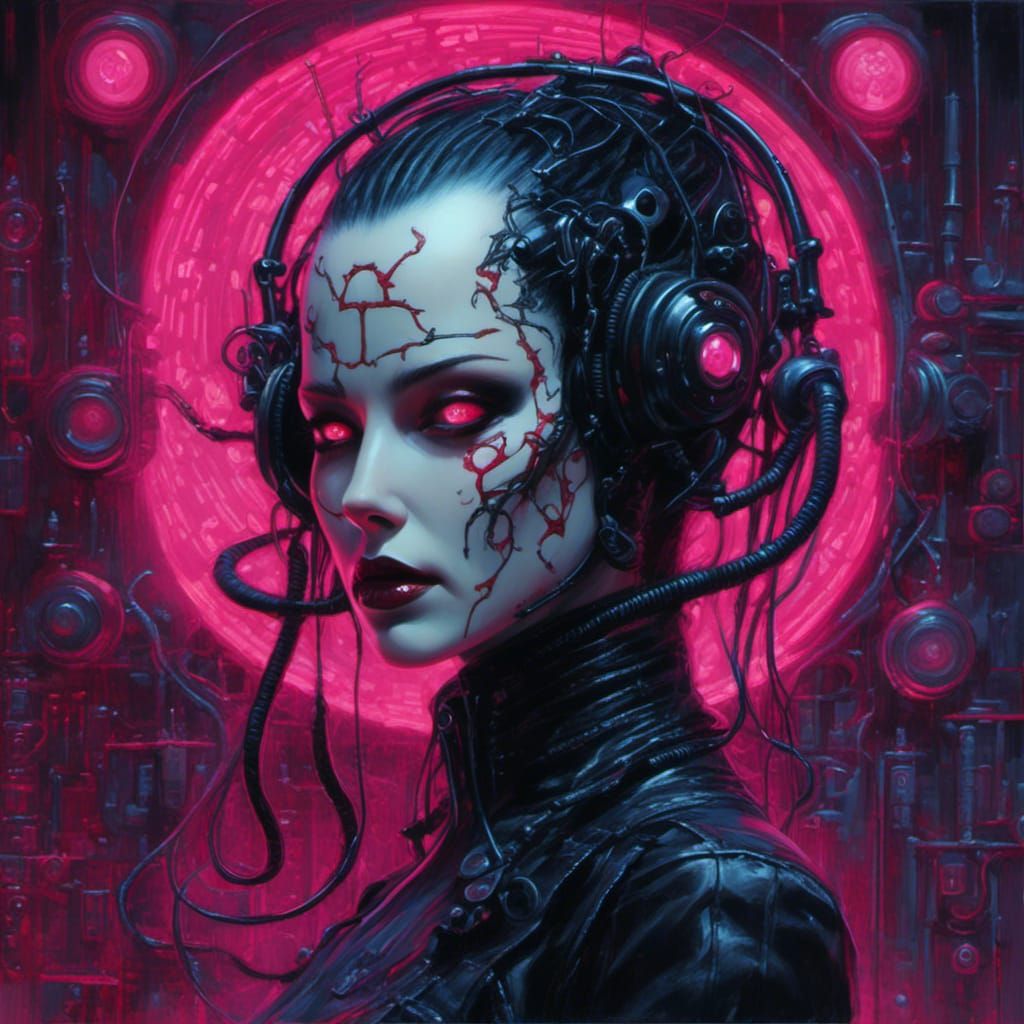 Cyberpunk Cyborg Head in Neon Sci-Fi Style