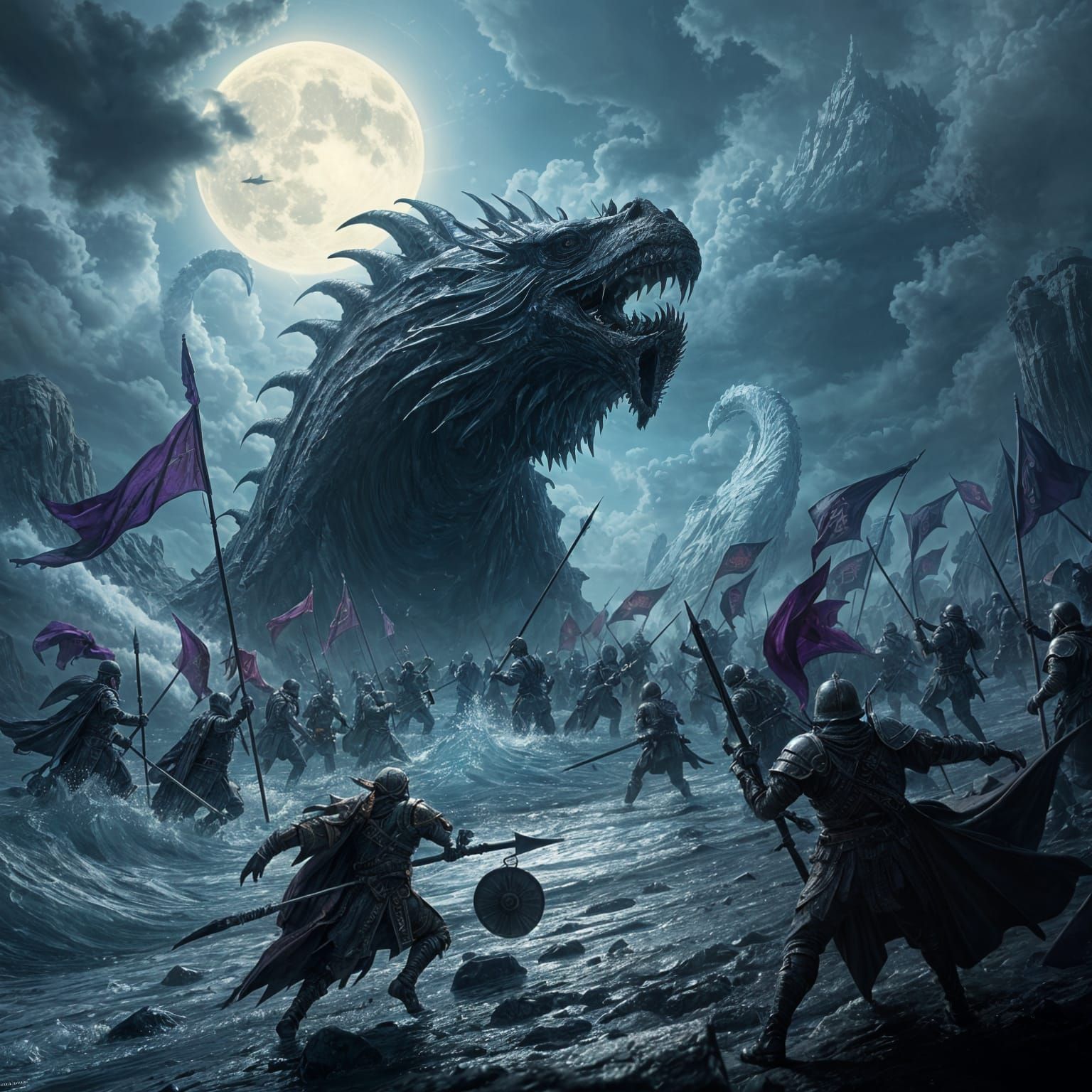 Dark Fantasy Army Battles a Sea Serpent on Beach in Intricat...
