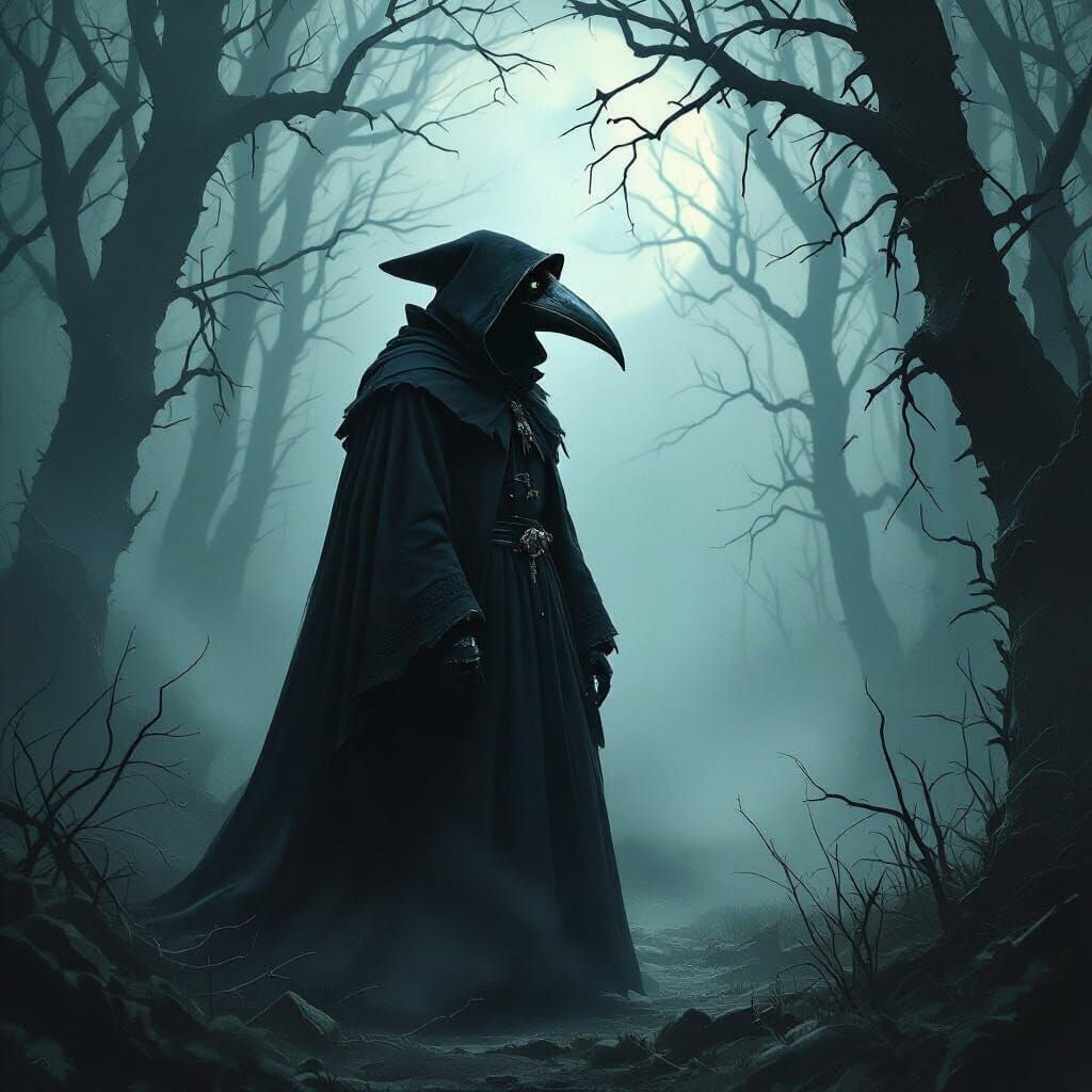 Plague Doctor in Eerie Forest: Dark Fantasy Concept Art