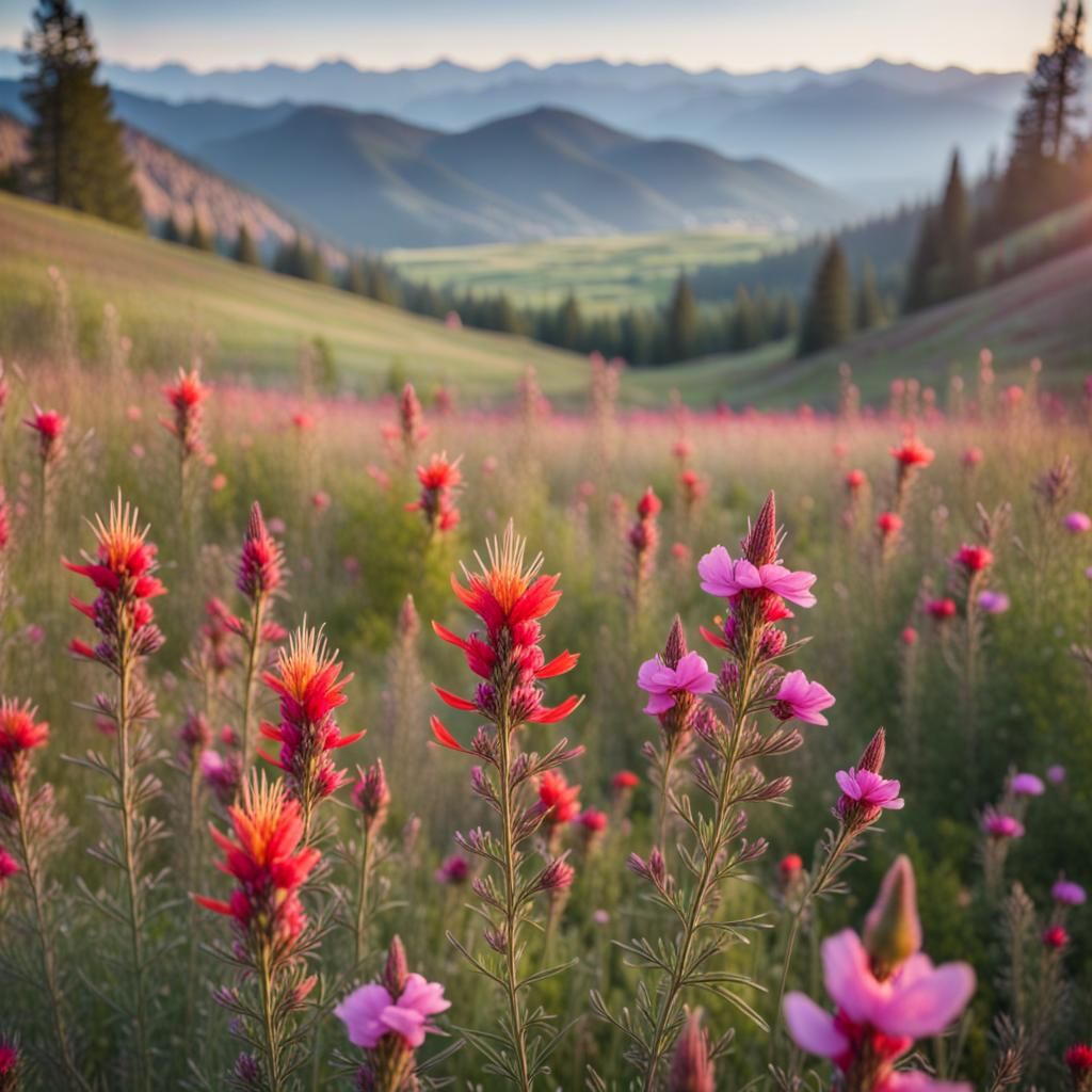 Lush Wildflower Meadow with Purple Mountains