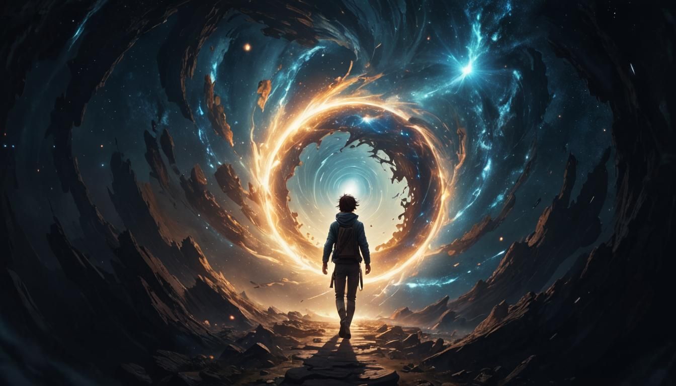 Young Man Enters Cosmic Vortex in Anime Style
