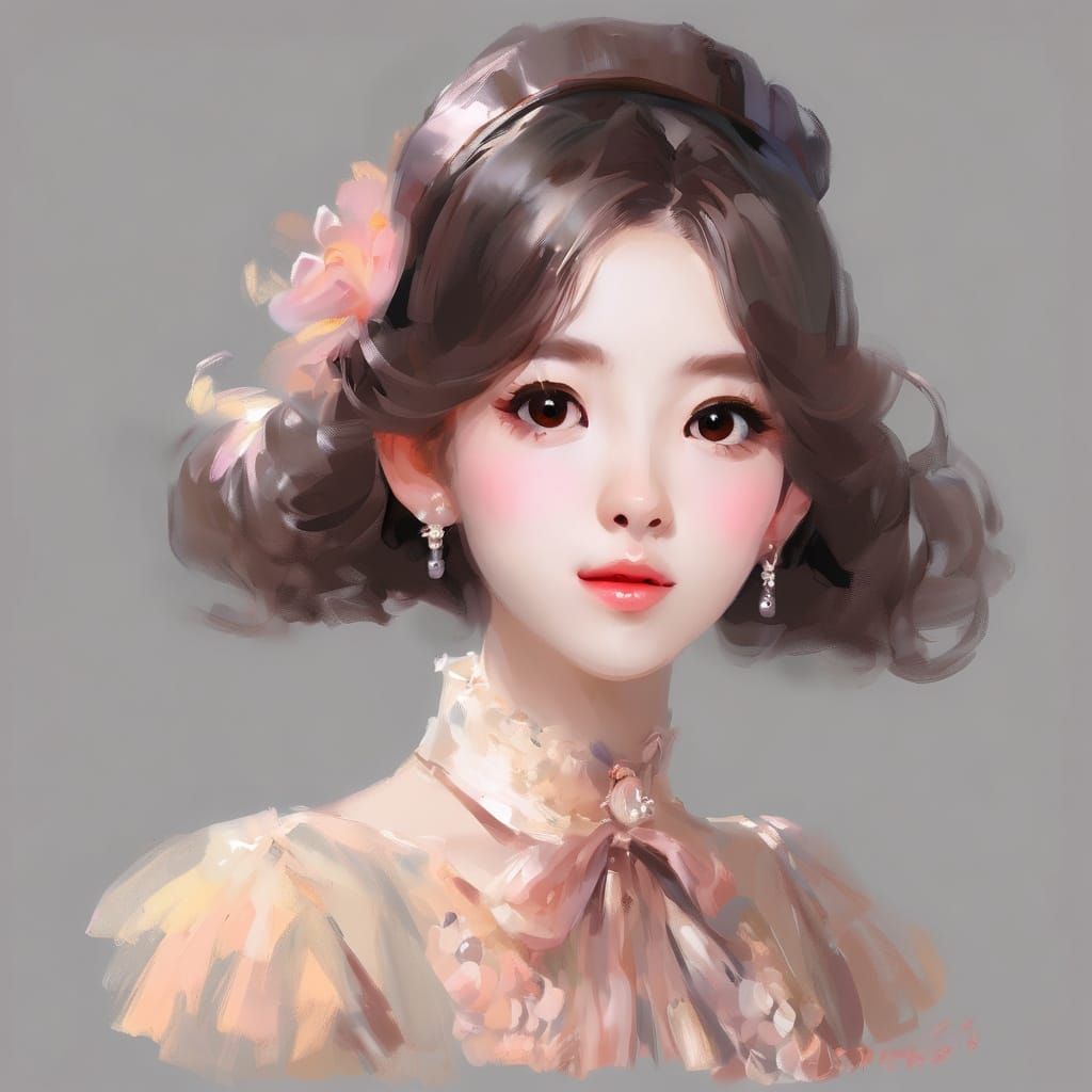 Impressionist Girl with Bouffant Sleeves in Oily Oil Paint S...