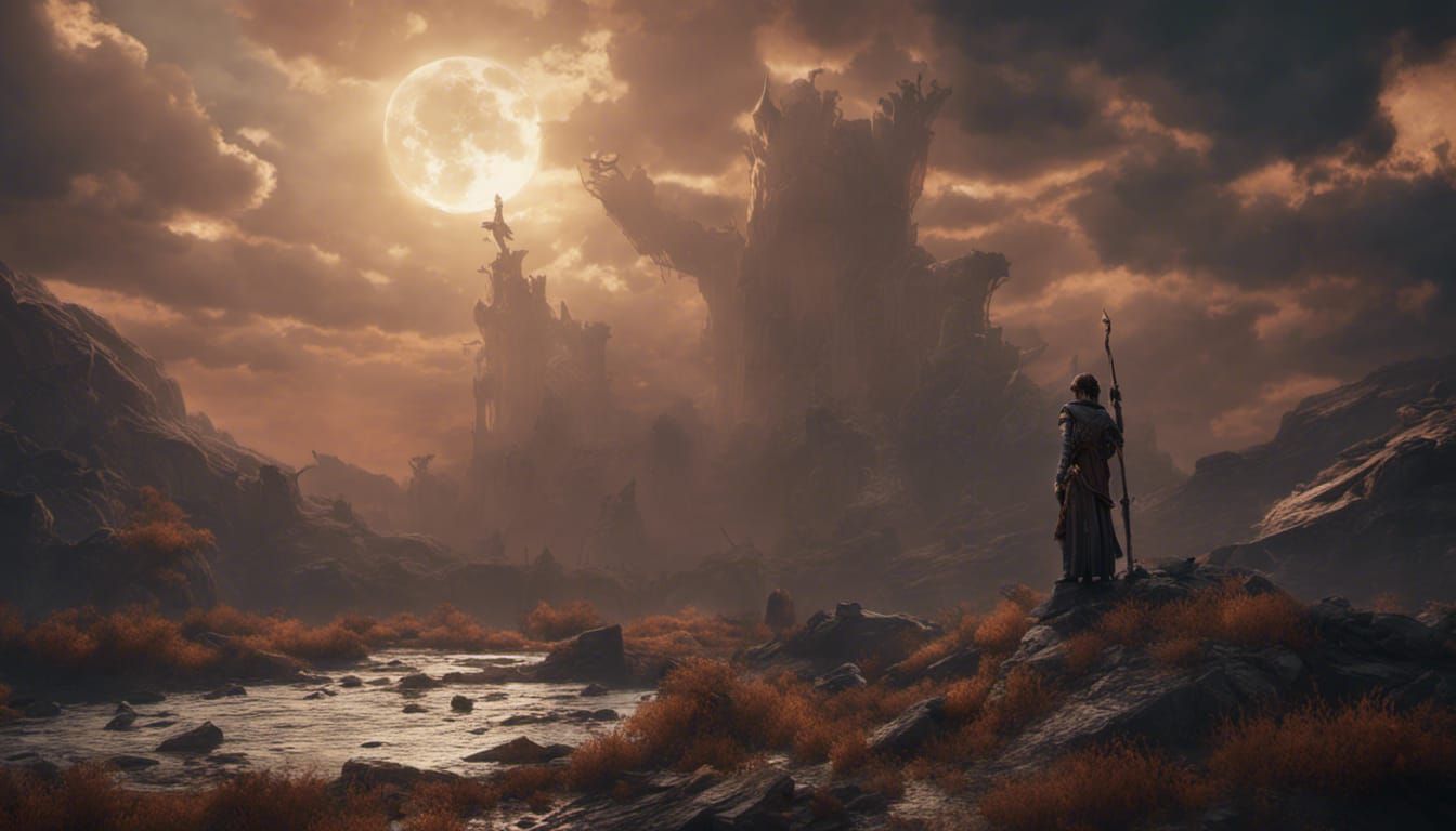 Defiant Figure Against Shadowy Sun, Fantasy Art