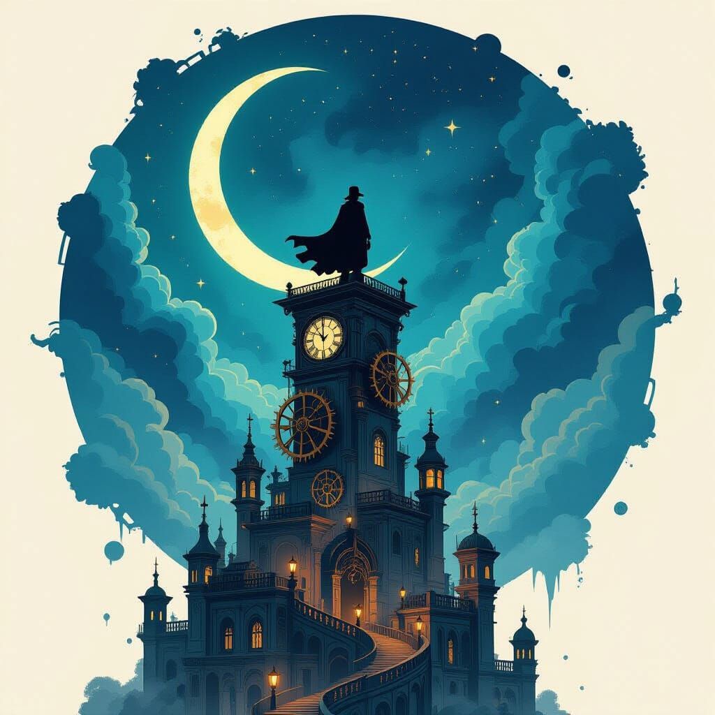 Mage in Clockwork Observatory Above Steampunk City