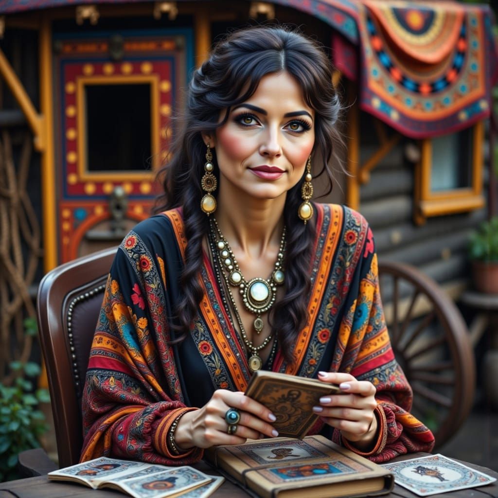 Gypsy Woman Reads Tarot Outside Colorful Wagon