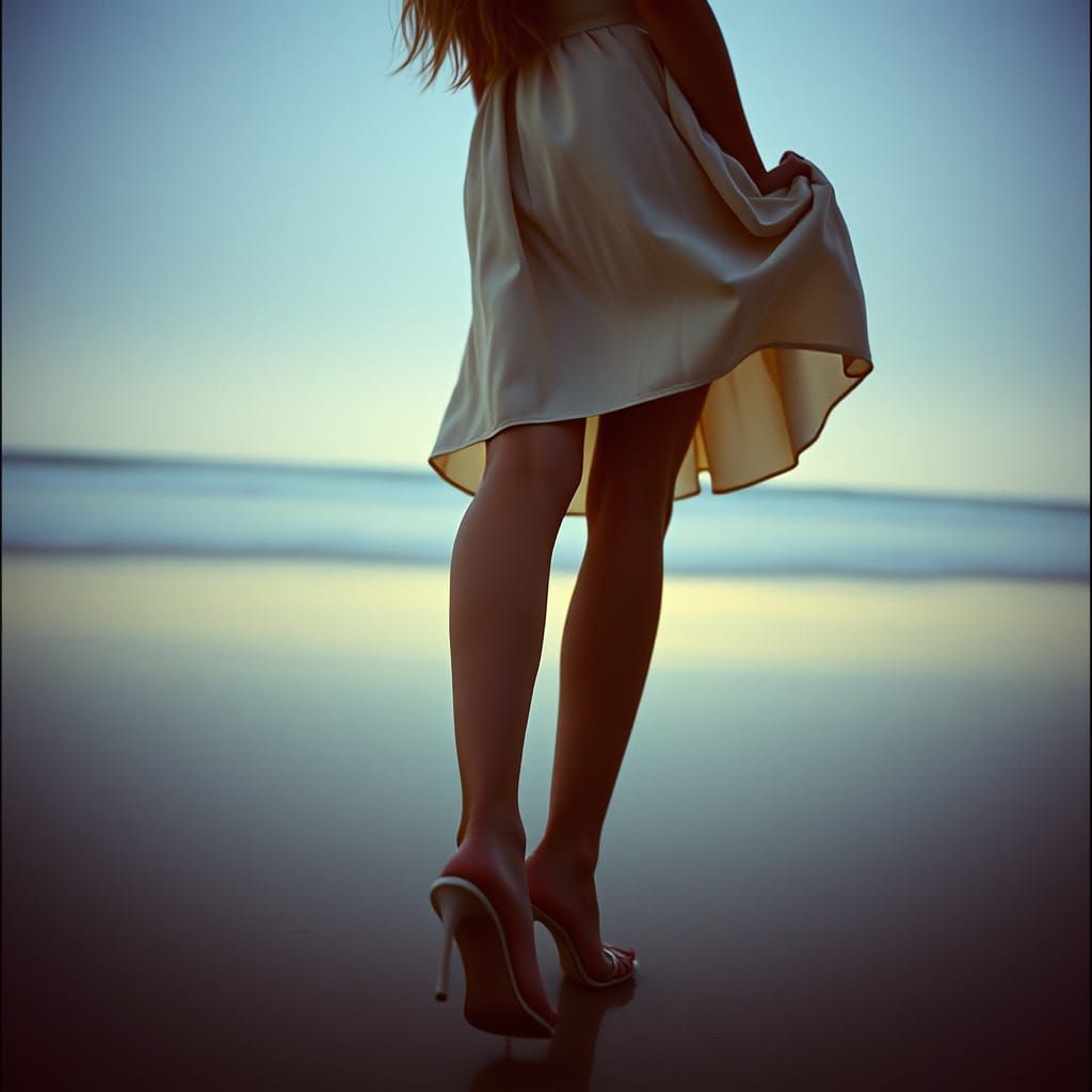 Elegant Blonde in High Heels on Beach, Cinematic Style