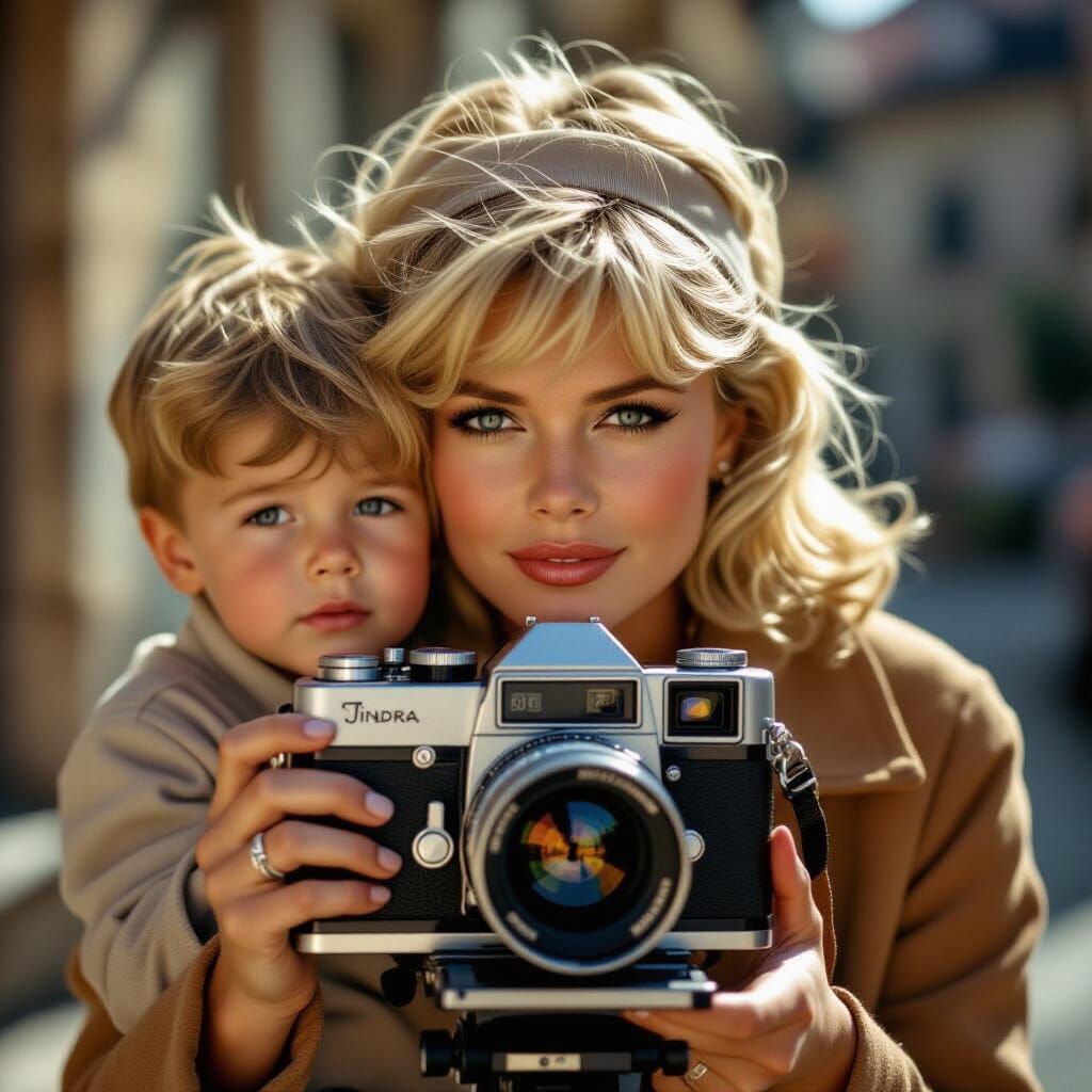 Brigitte Bardot With Boy On Vintage Camera