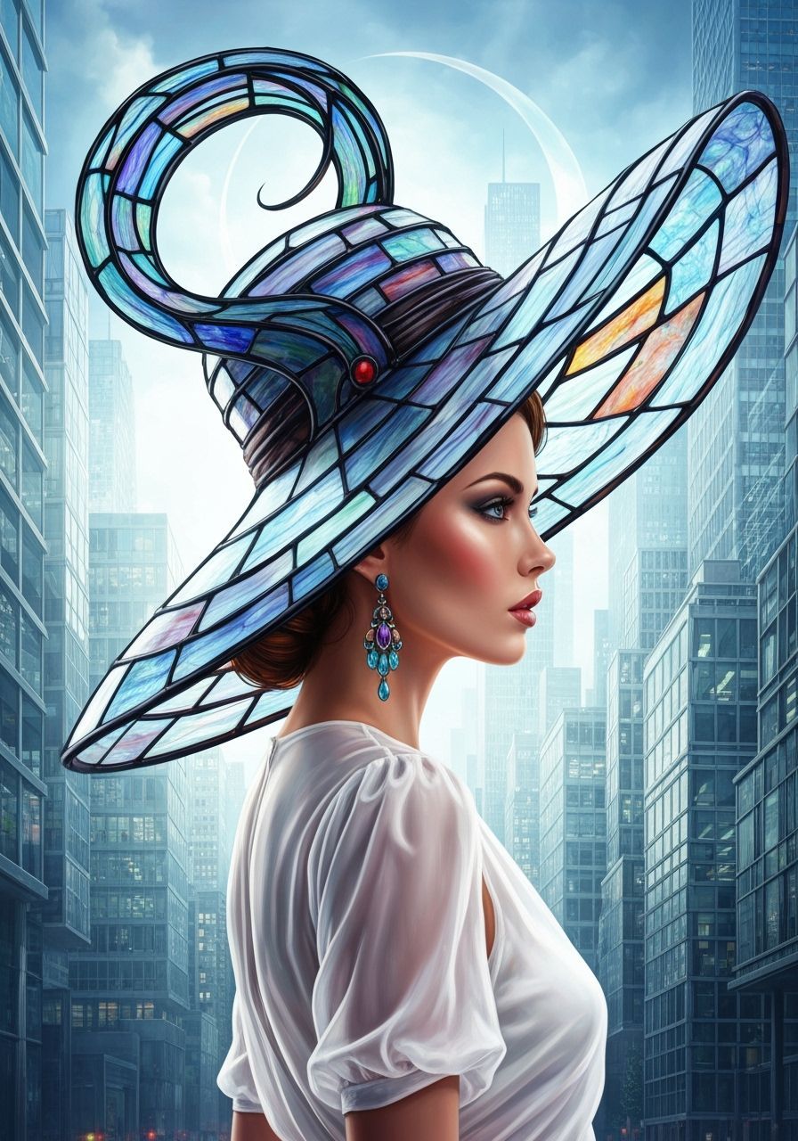 Woman in Playful Tiffany Glass Hat, Surreal Cityscape