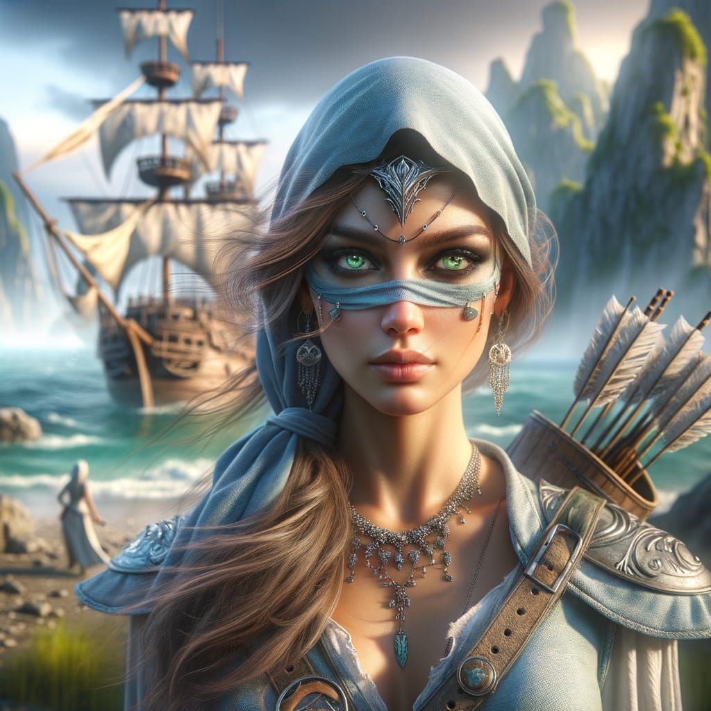 Warrior Woman with Pirate Ship, Ultrarealistic Portrait